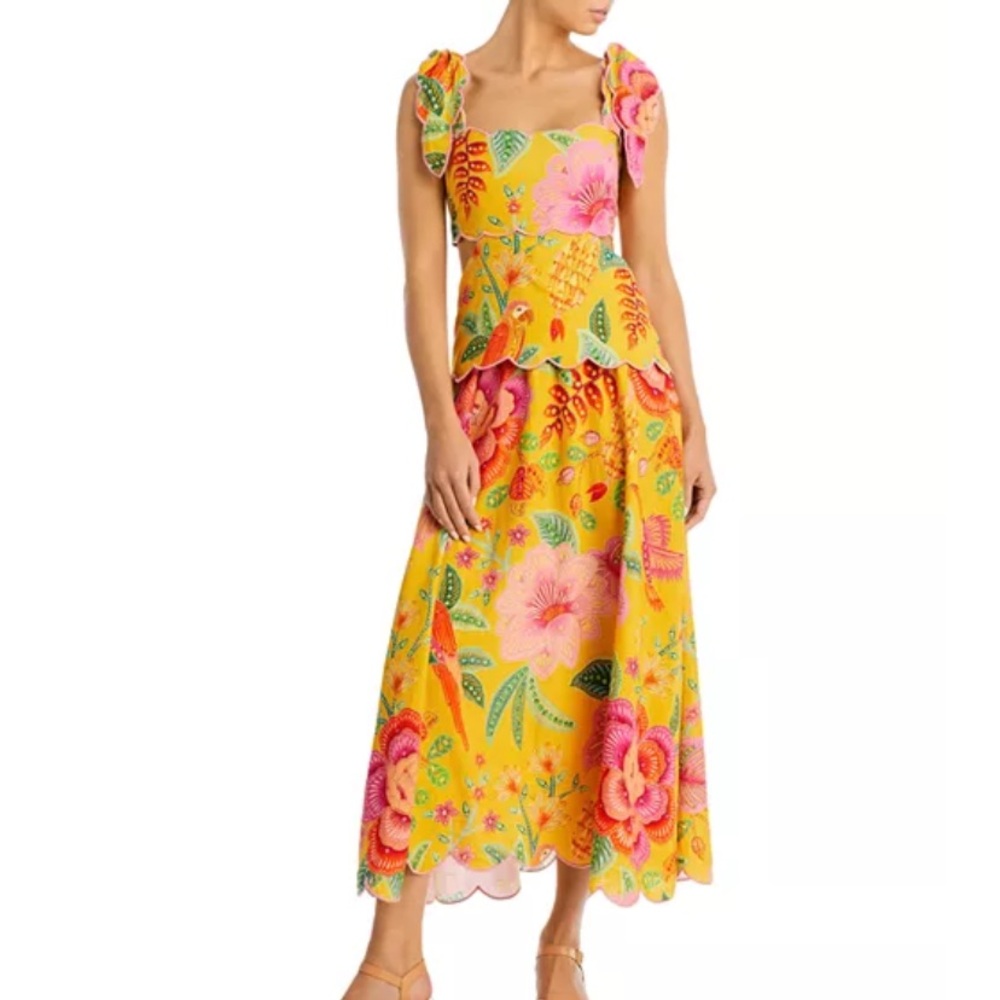 Farm rio macaw bloom scalloped midi dress